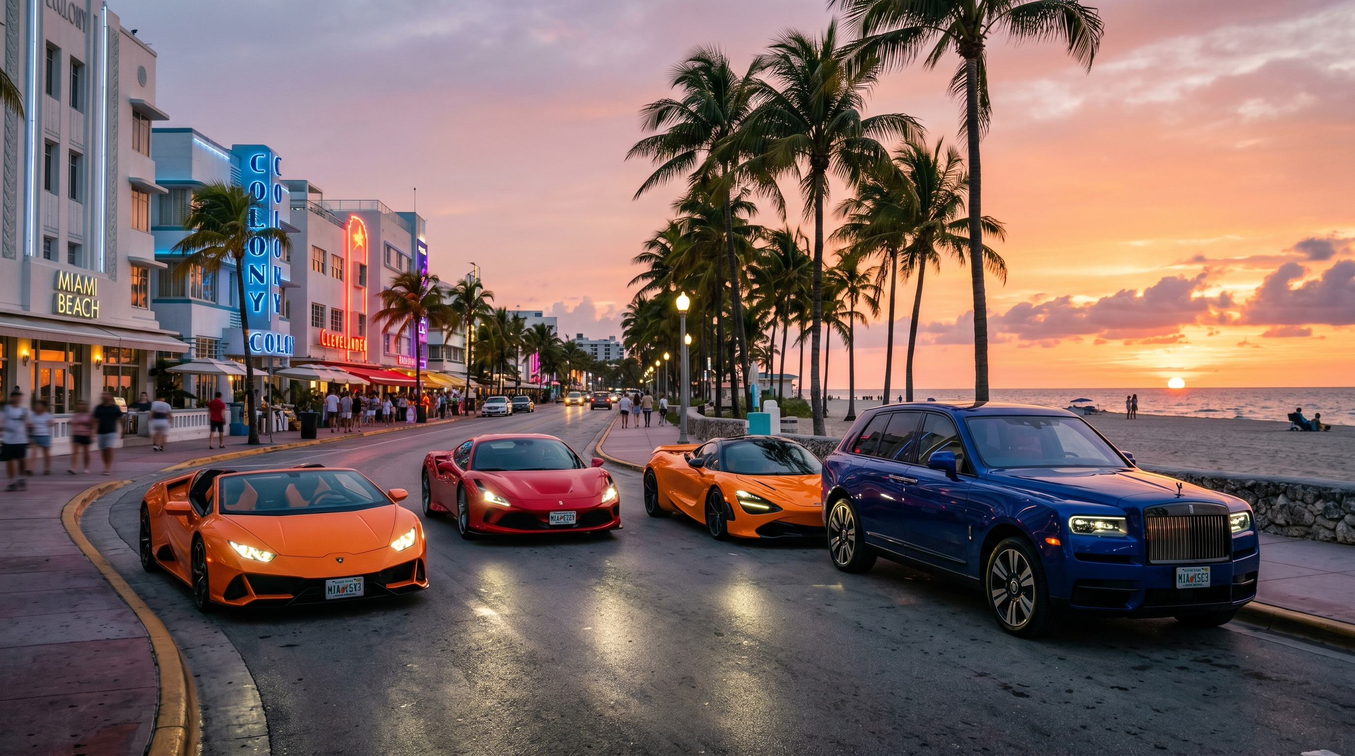Lamborghini Huracan Ferrari F8 McLaren 720S Rolls-Royce Cullinan lineup on Miami Beach boulevard at sunset
